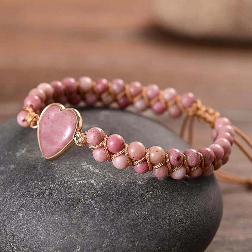1X Rhodochrosite Heart Charm Women Girls Healing Handmade Braided Bracelet Gift