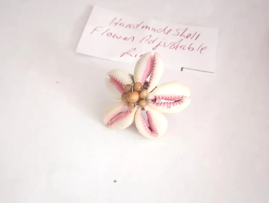 Hand Made Shell Flower White ,Pink, Brown Silver Tone Adjustable Ring