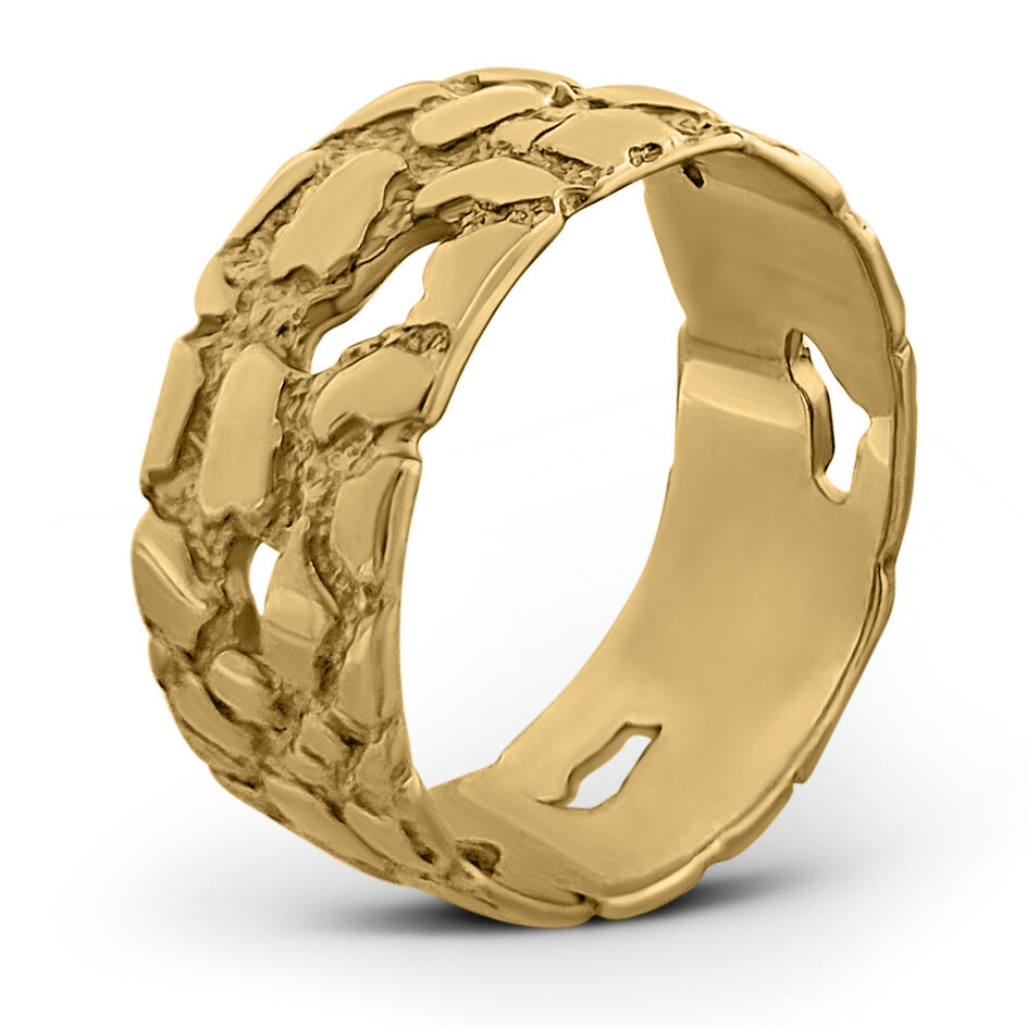 Solid 18K Yellow Gold Mens Nugget Band, 9mm Gold Nugget Ring, Size 5 – 15
