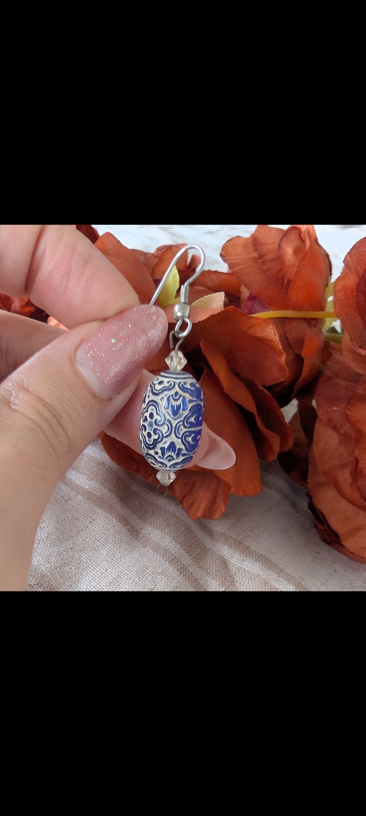 Blue & White Beaded Dangle Drop Hook Earrings Porcelain And Glass