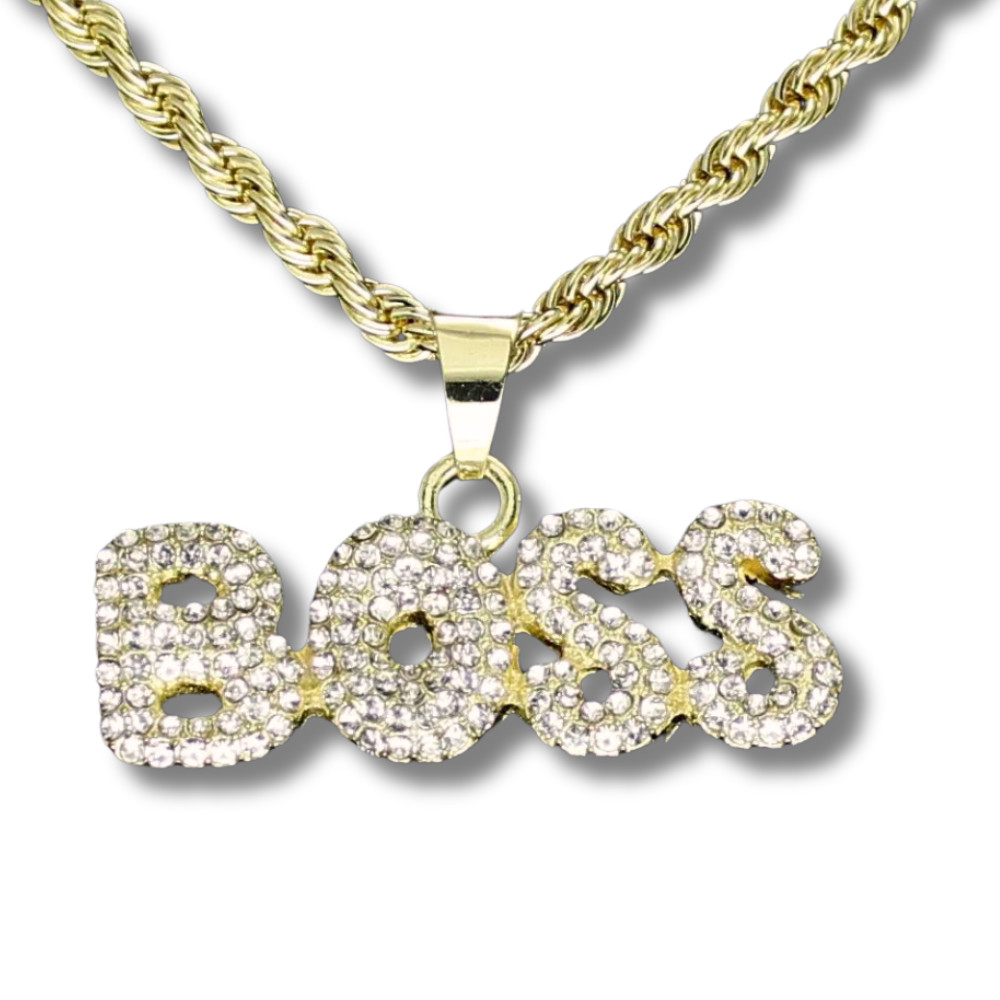 Iced Cz Boss Pendant 14k Gold or Silver Plated 24″ Rope Necklace Hip Hop Jewelry
