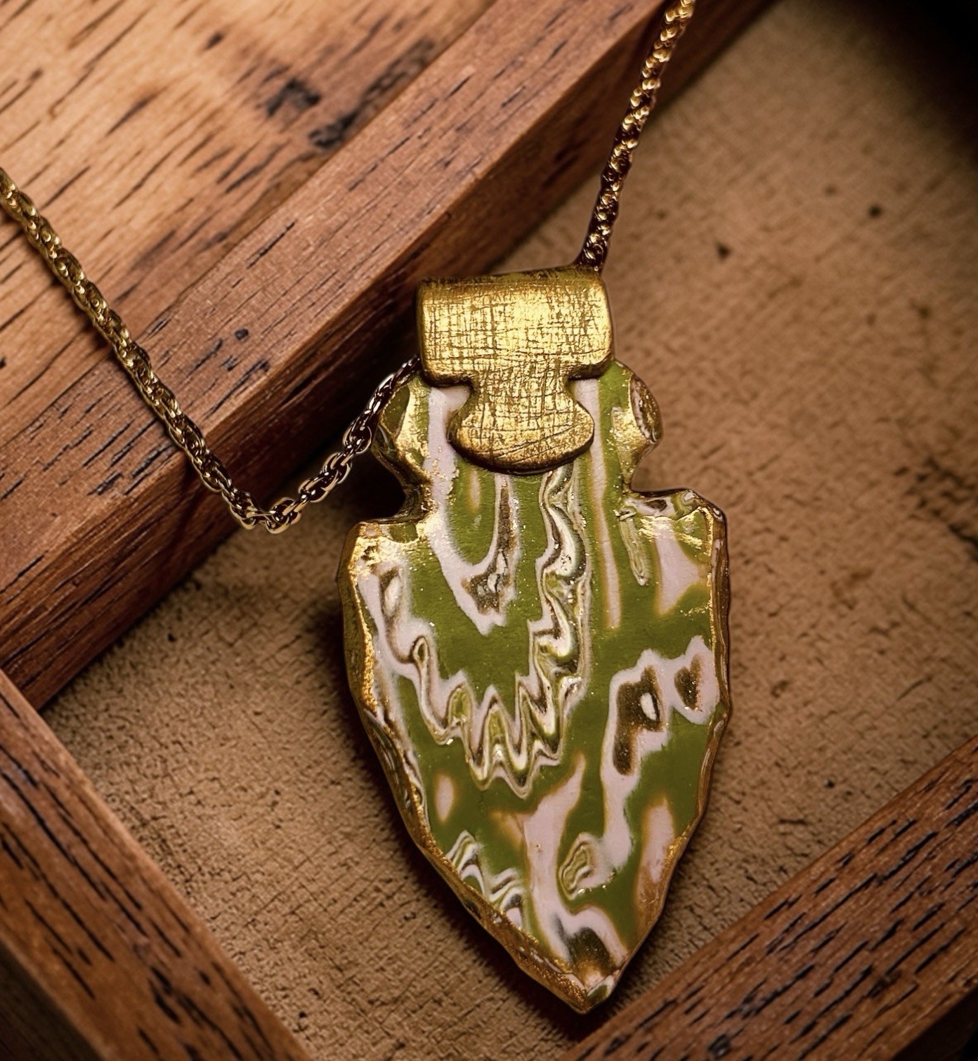 Handmade Green Pink & Gold Polymer Clay Pendant 18″ Necklace on SS Cable Chain