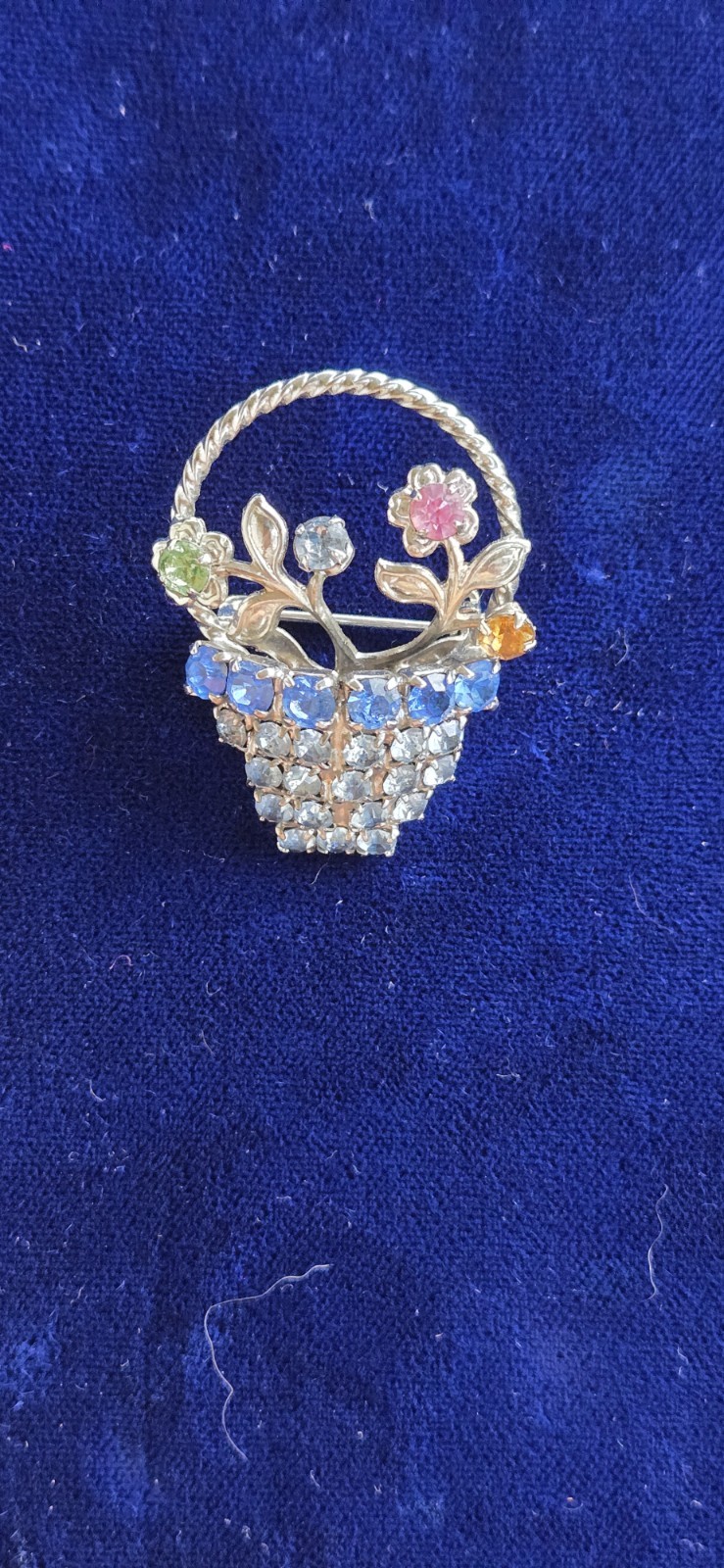 Flower Basket Crystal Rhinestone Vintage Style Brooch Pin and Silver Tone