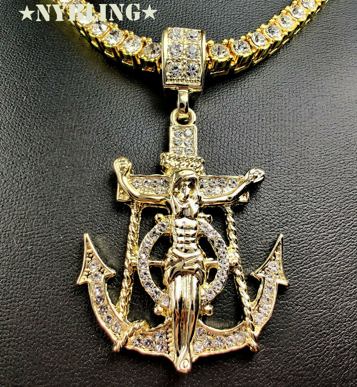 ICED Jesus Anchor Pendant w/ Rope or Tennis Chain Necklace Plated CZ Jewelry
