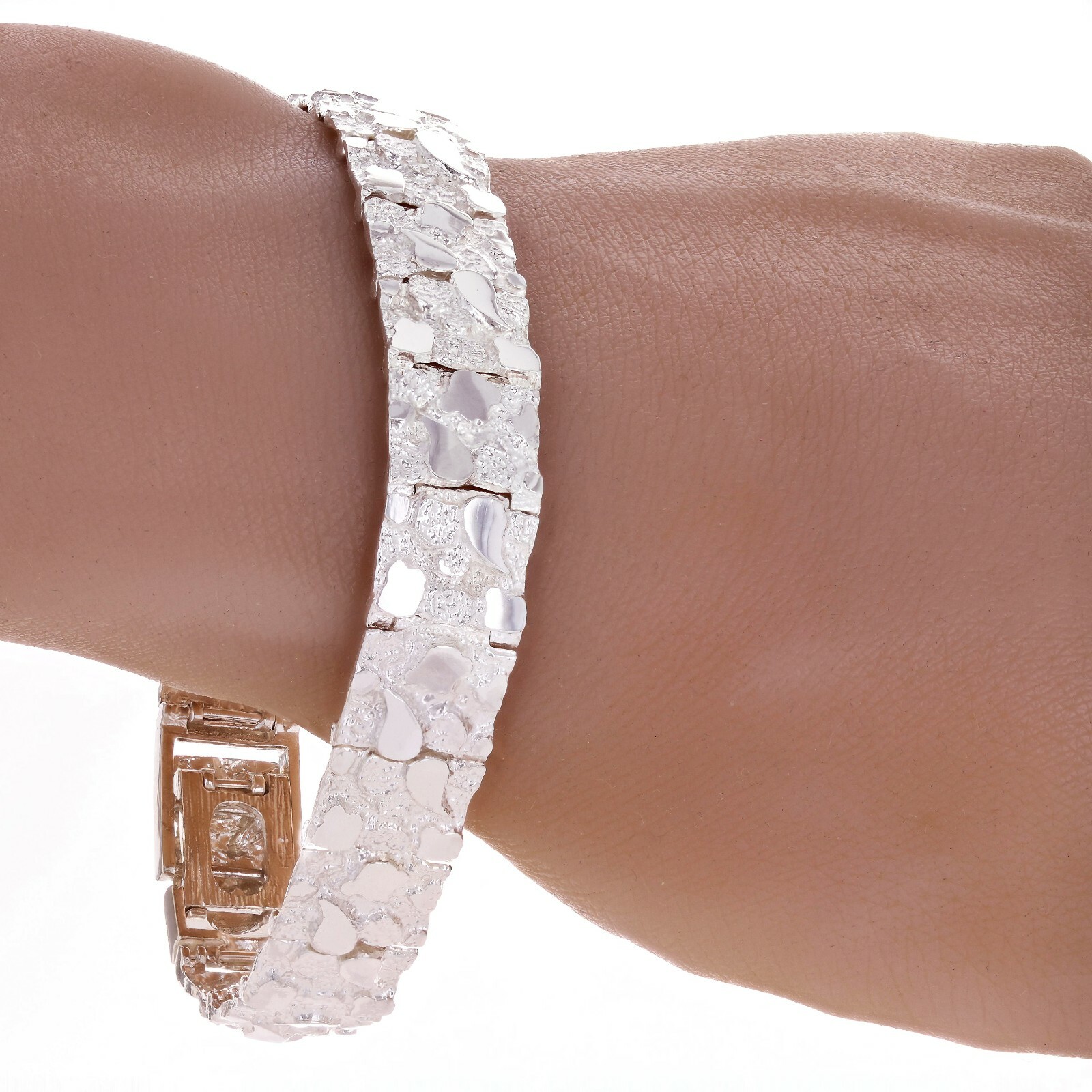 925 Sterling Silver Solid Nugget Bracelet Adjustable 8″ 12.5mm 28.5 grams