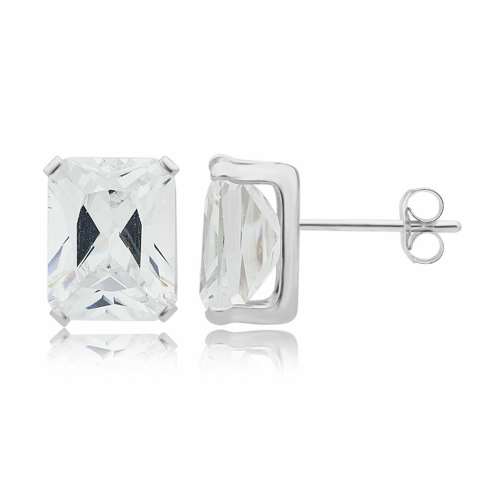 Sterling Silver Emerald Shaped Stud Earrings Cubic Zirconia 6mm Clear CZ