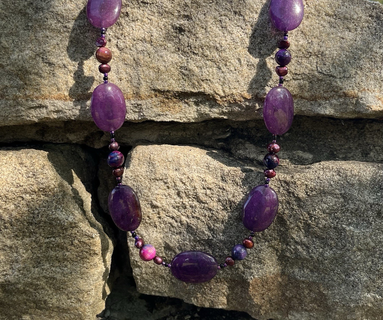 Purple Quartz Necklace / Aurora Tiger’s Eye & Magenta Freshwater Pearls! 21″ WOW
