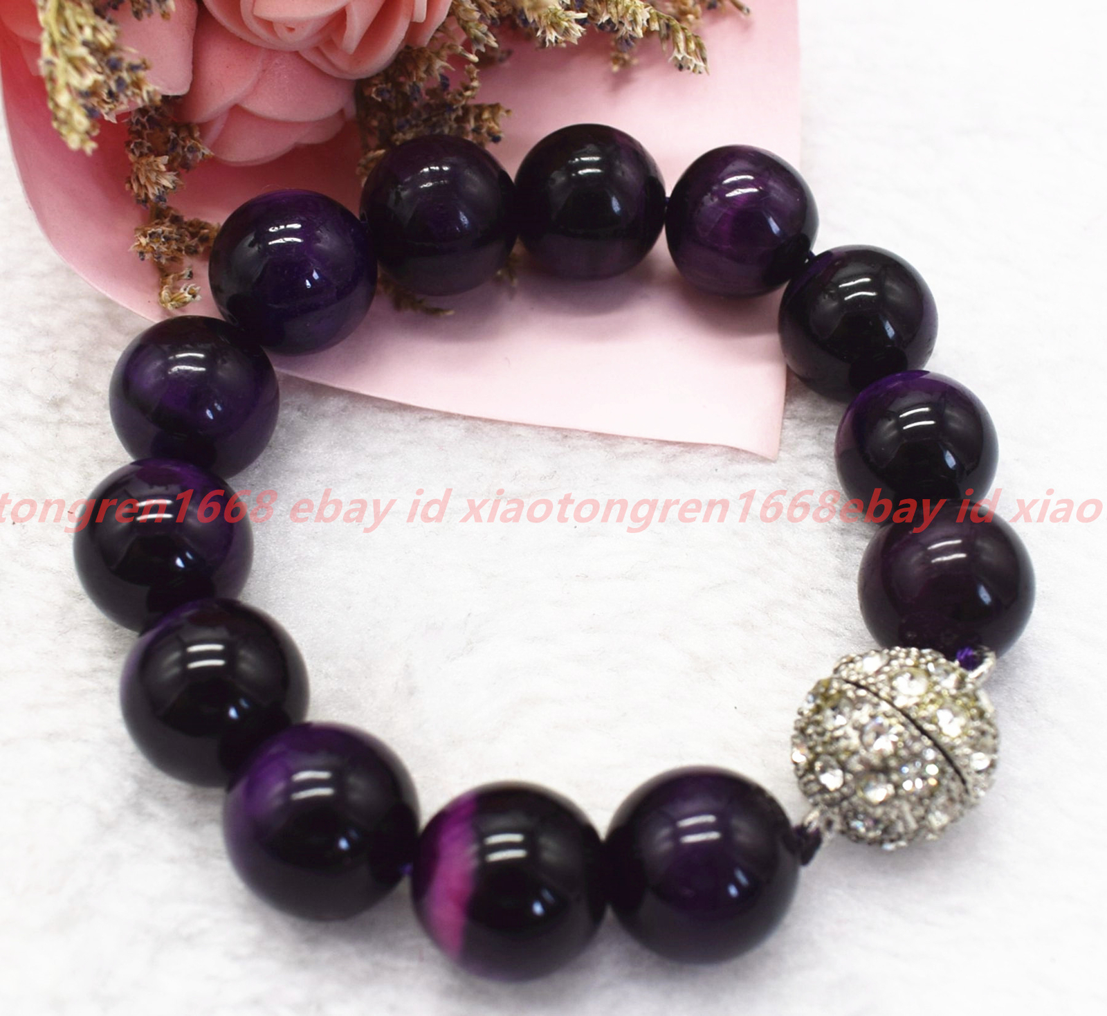 Huge Natural 12mm Purple Tiger’s Eye Gems Round Beads Healing Bracelet 7-9in