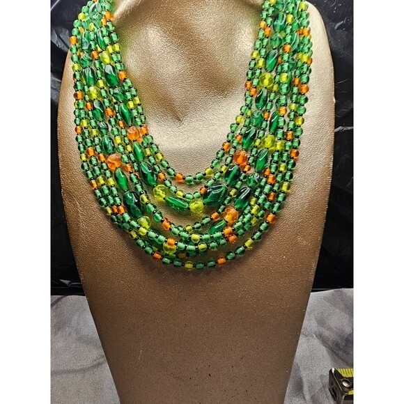 Vintage Multi Strand Beaded Bib Necklace Green Orange Yellow Glass Tiers Boho