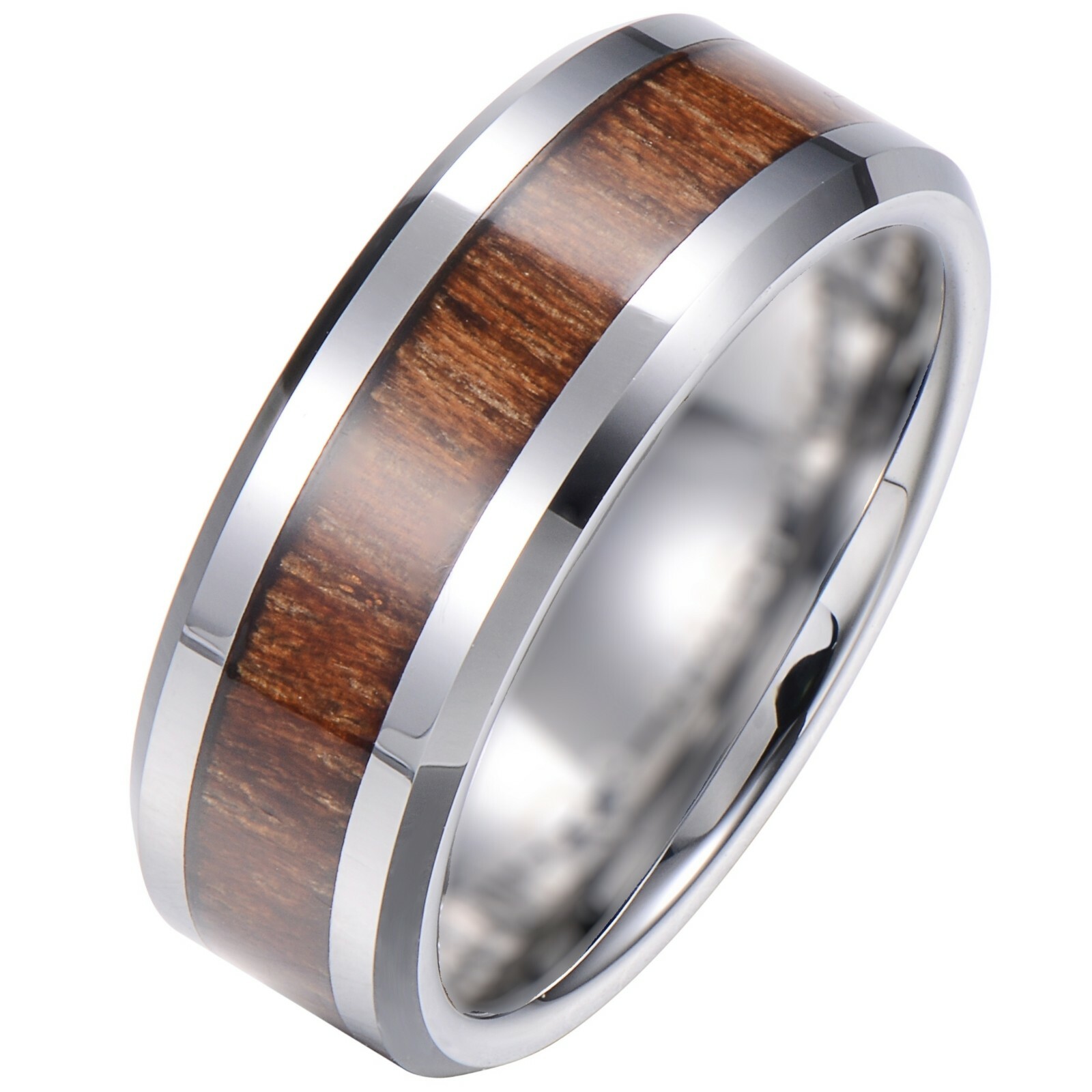 Tungsten Carbide Ring Black Silver Real Koa Wood Inlay Hawaiian Wedding Band