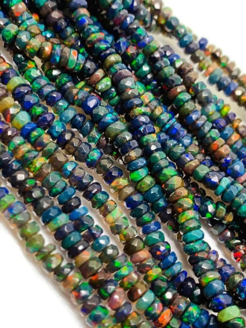Ethiopian Opal Faceted Roundel , Length 16 Inch -Black Ethiopian Opal Faceted