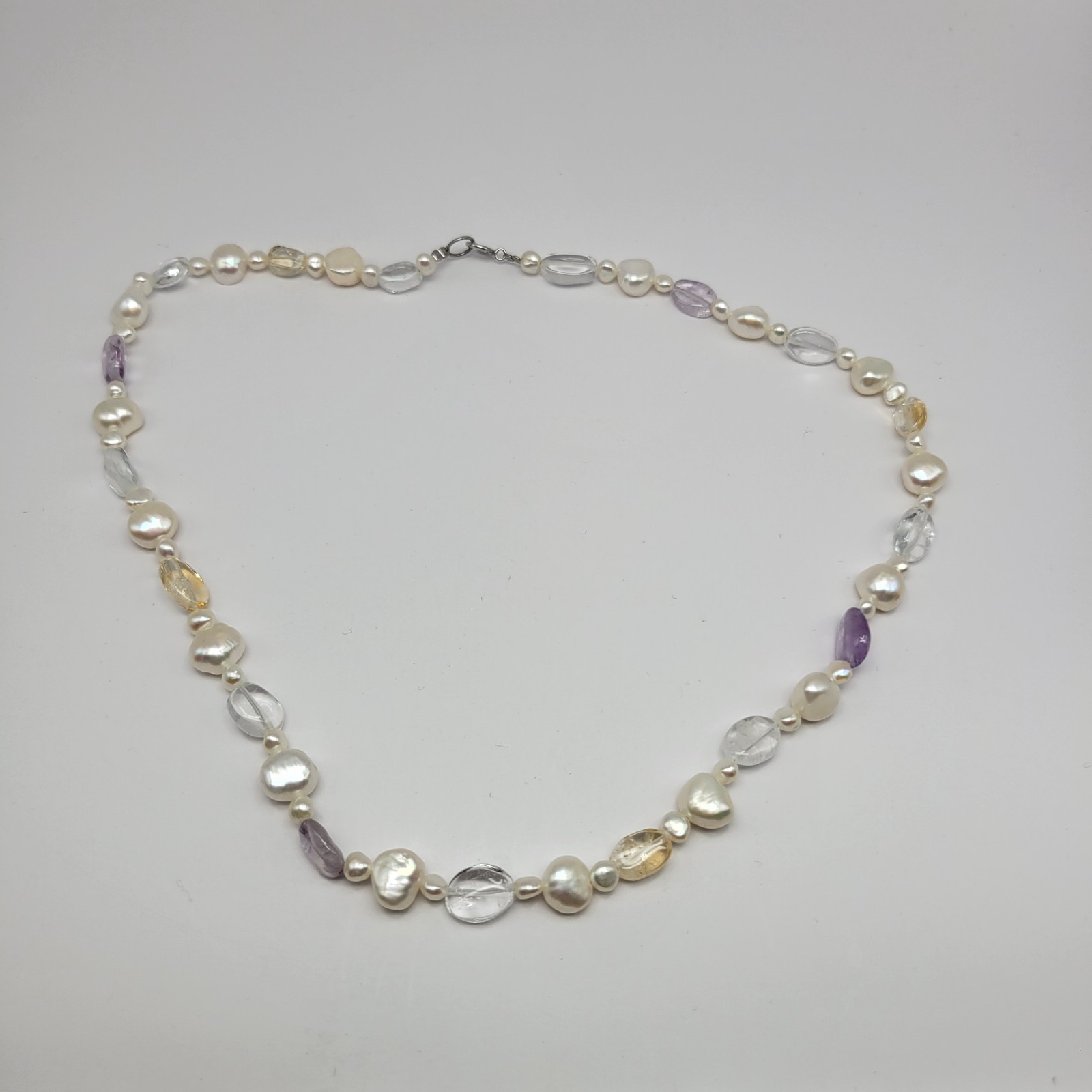 Sterling Silver Keshi Baroque Freshwater Pearl Amethyst Citrine Necklace ~ 16″