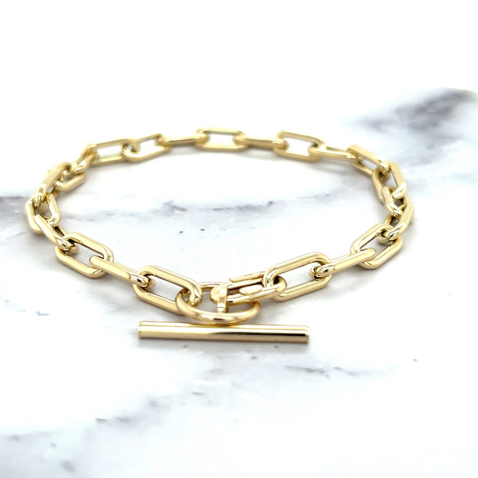 14K Yellow Gold 5mm Paperclip Link Bracelet, Toggle Clasp, 7.5″ Women