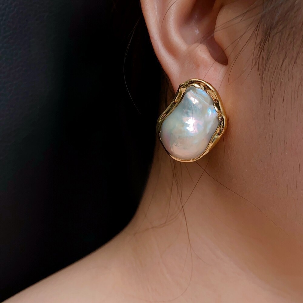 Cultured White Keshi Baroque Pearl Stud Earrings Gold Plated Stud