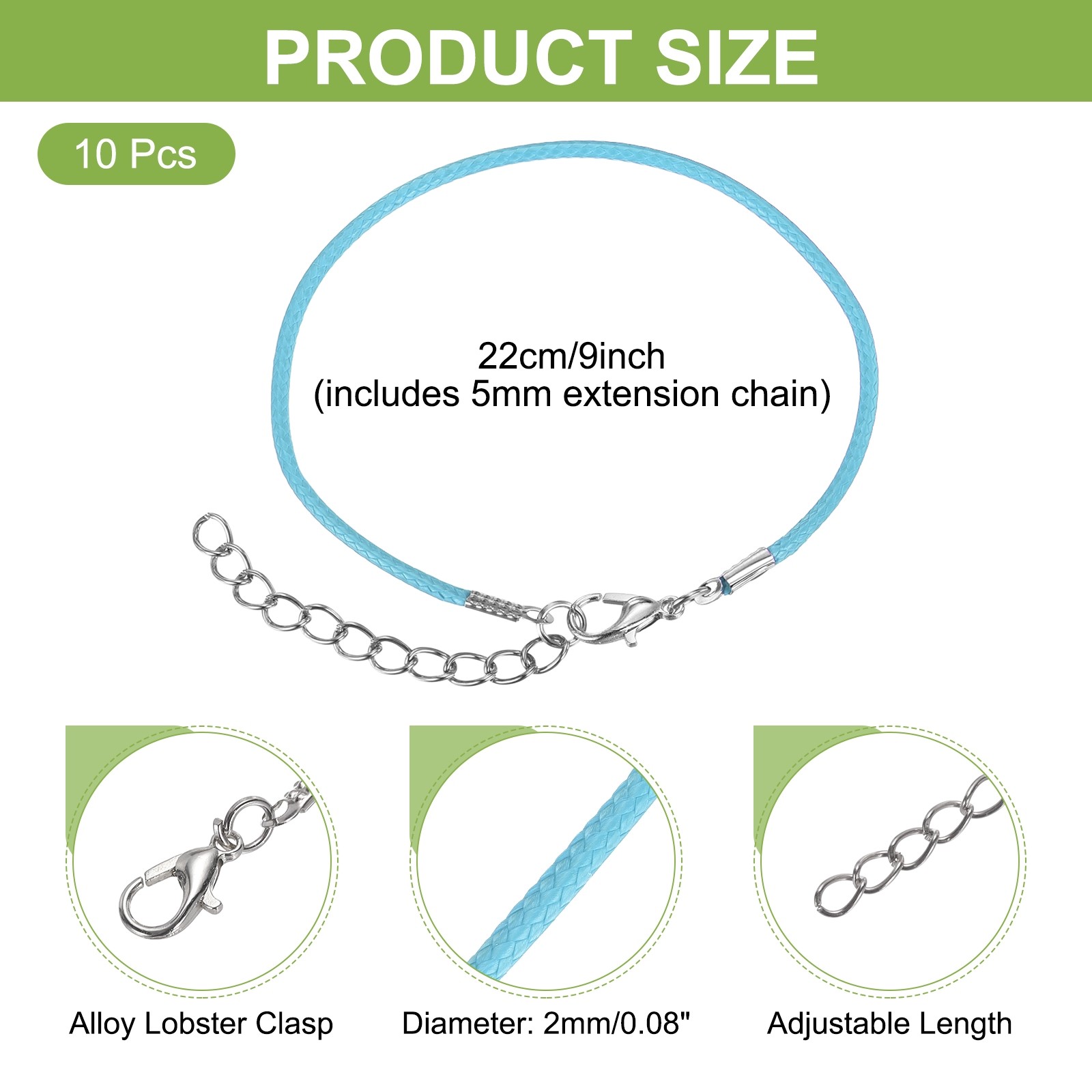 10 PCS Light Blue Bracelet Cord,9″ 2mm Cord with Clasp for Bracelet