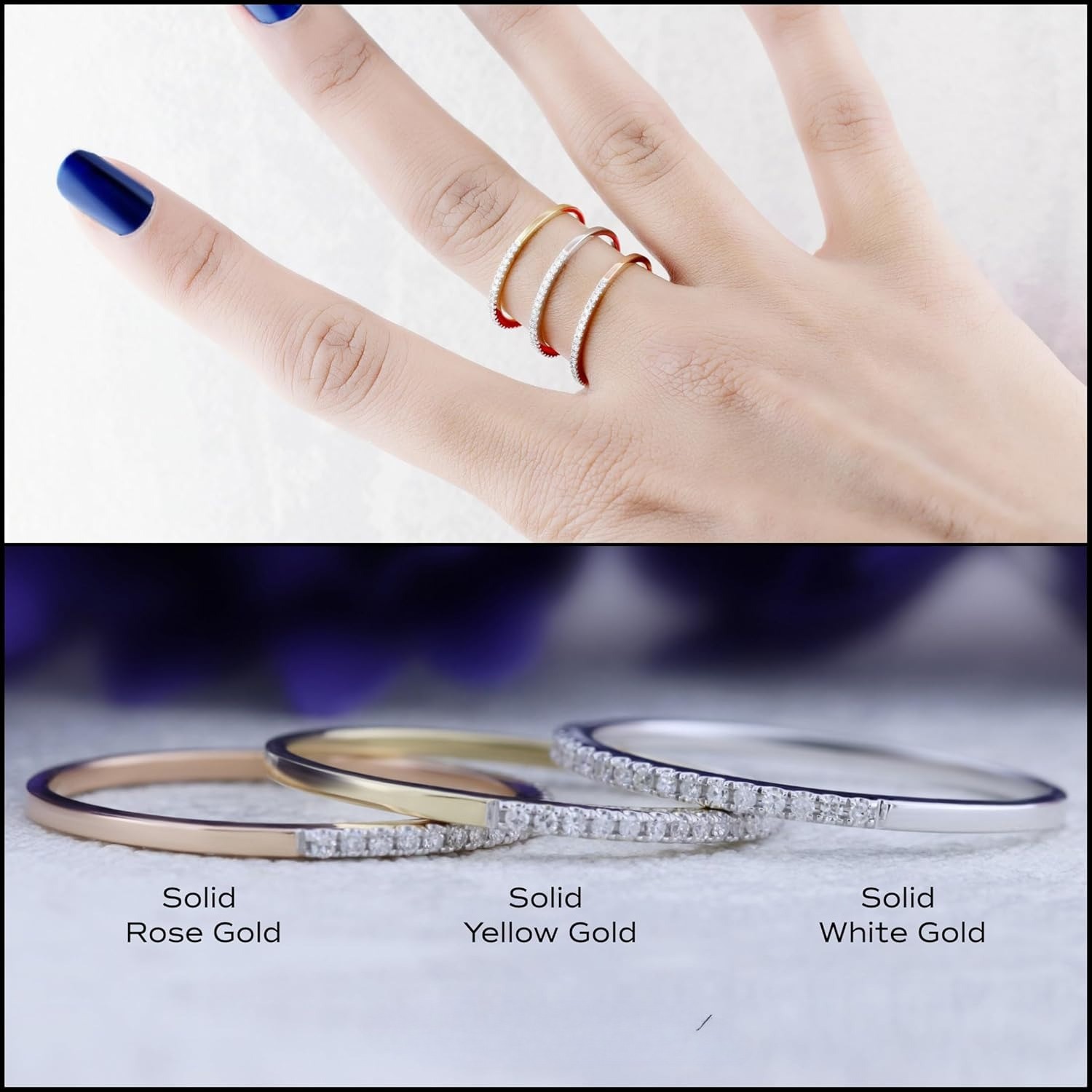 Stackable Wedding Band 10K Solid Gold 1mm Thin Natural Diamond Eternity Ring