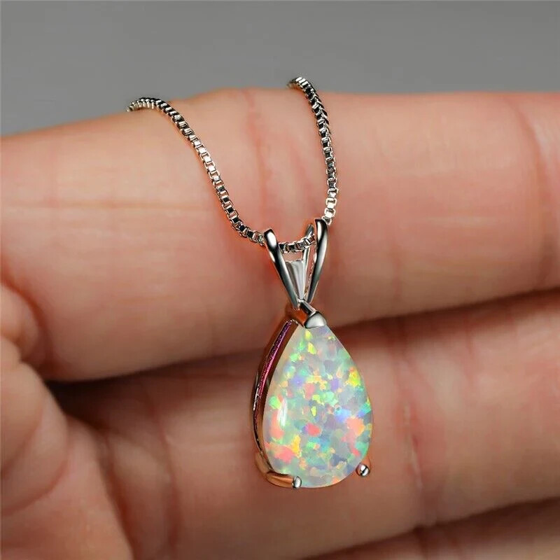Opal Pendant Sterling Silver – Minimalist Teardrop Fire Opal Dainty Necklace