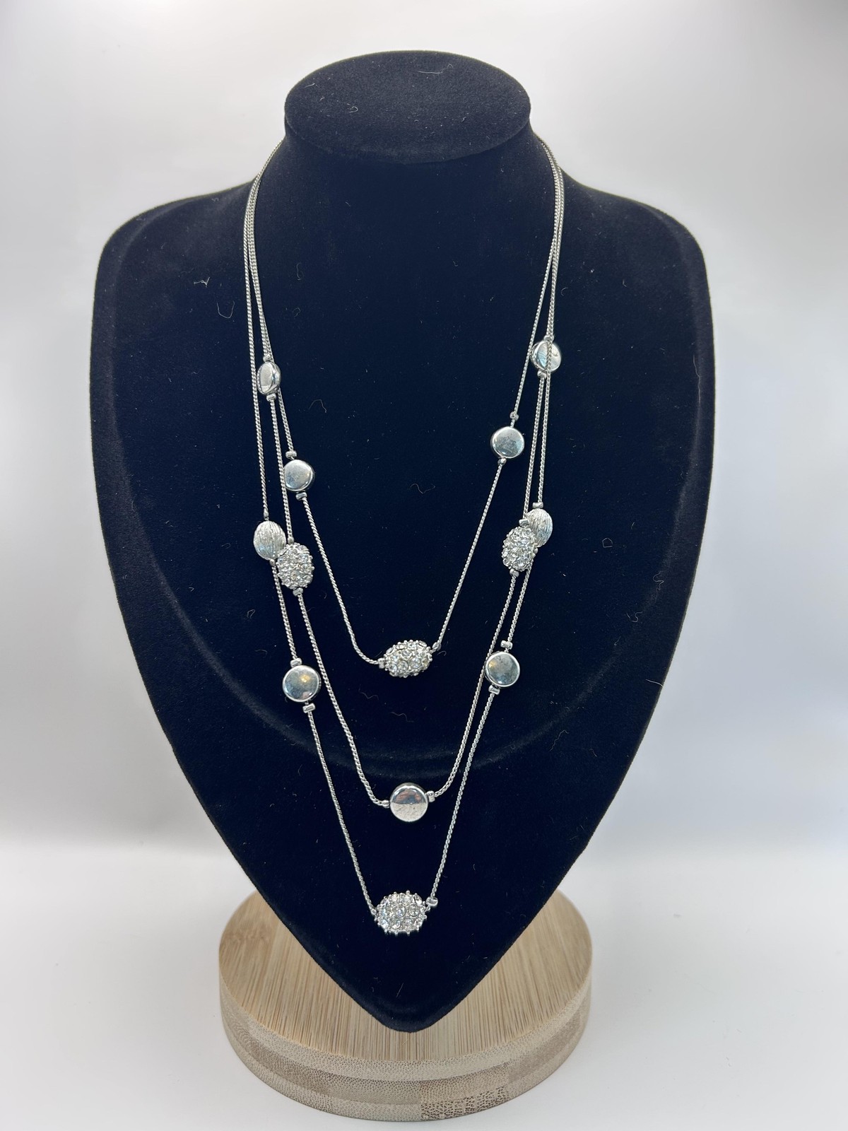 Necklace Silver Tone Layered Station Rhinestone Beaded 18 Inch Lobster Clasp
