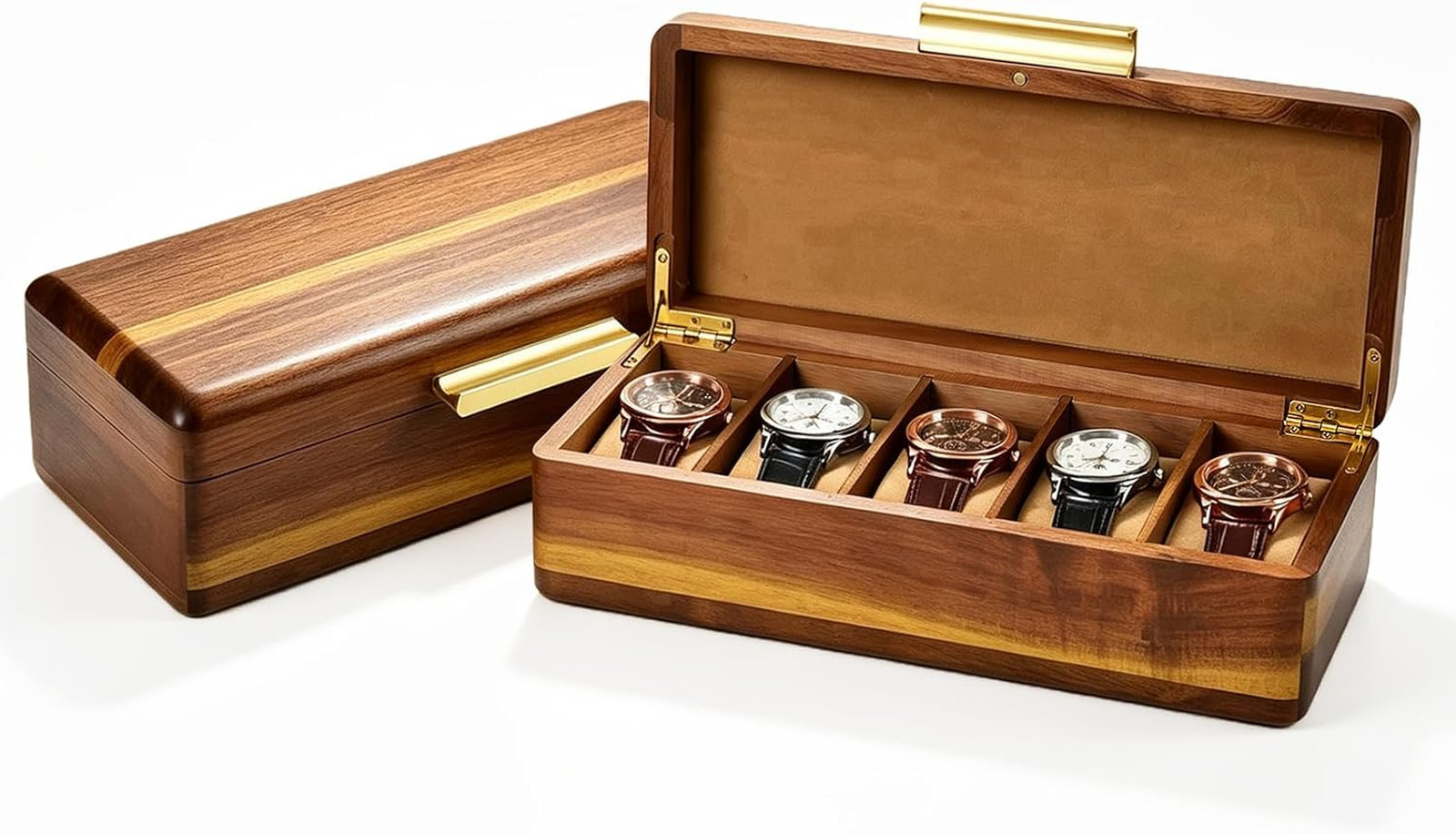 Watch Storage Case for Men Acacia Wood 5 Slot Organizer with Velvet Pillows