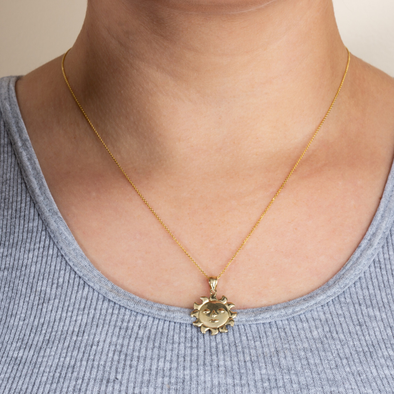 Gold Celestial Sun Face Pendant Necklace (Available in Yellow/Rose/White Gold)