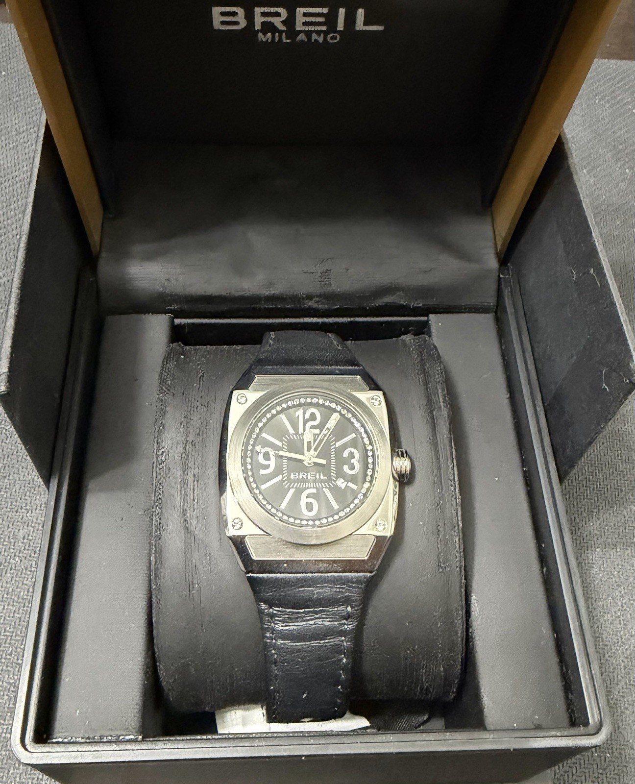 Breil Milano Square Crystal Bezel Black Dial Leather Watch – Brand New