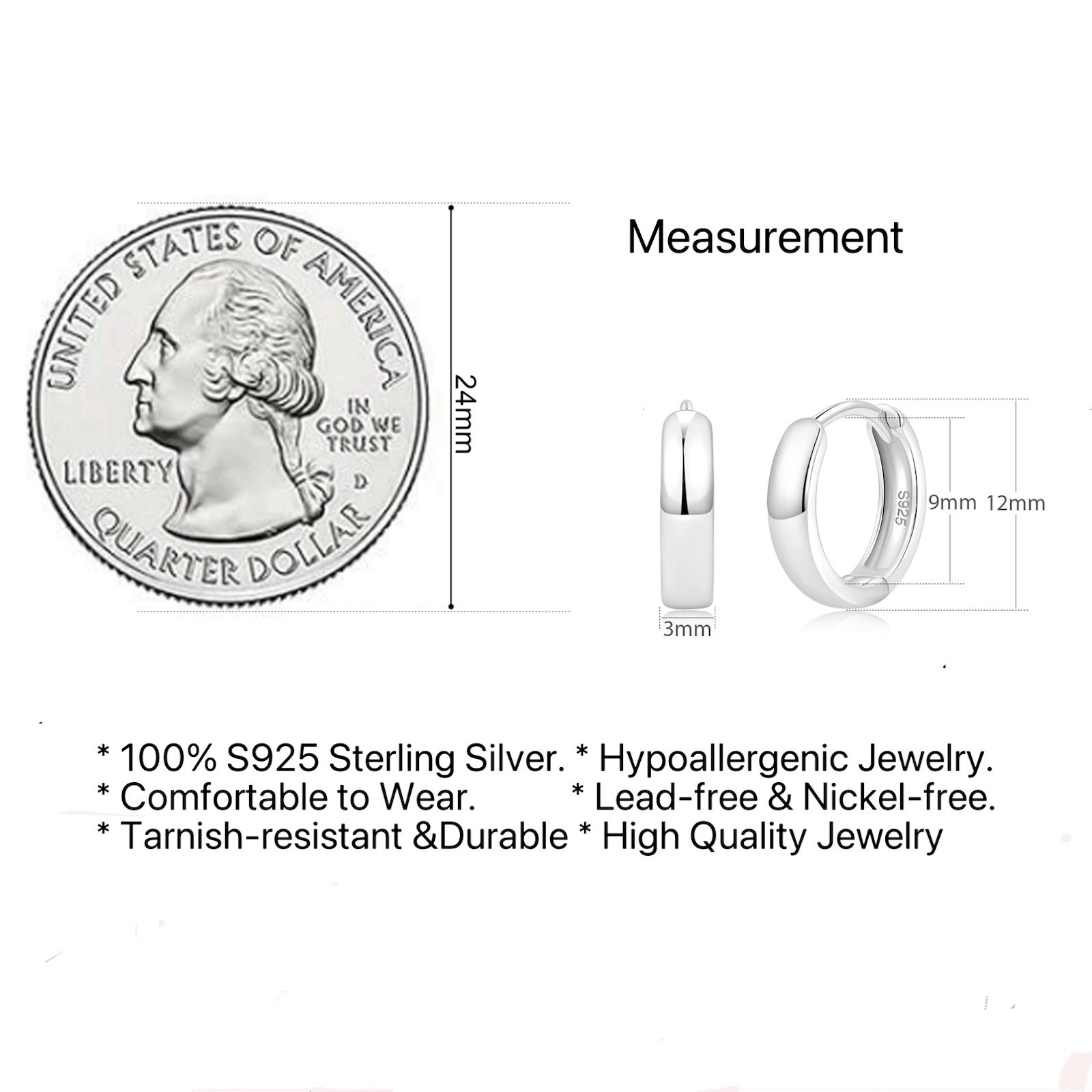 Plain Solid Silver Hoop S925 Huggie Earrings 2nd Holes Multiple Size unisex