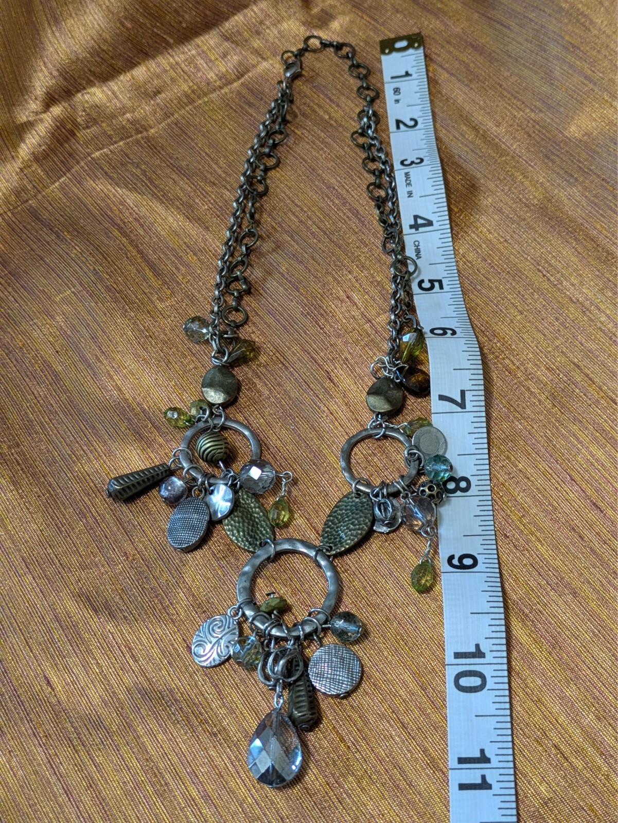 Chain & Light Blue Green Gold Beaded Unique 11 Inch Necklace