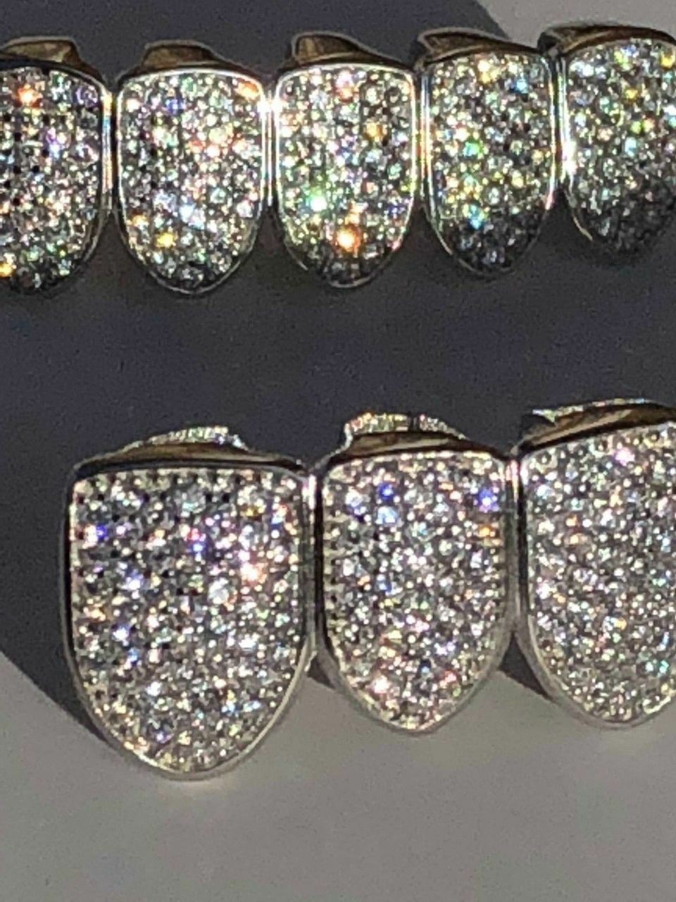 SOLID 925 Silver Simulated Diamonds Custom GRILLZ Teeth Top Bottom Set HipHop CZ