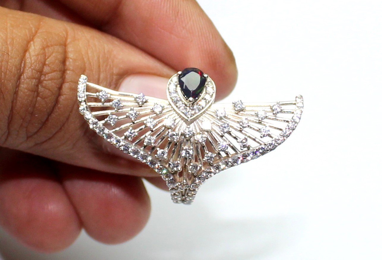 Natural Black Opal Ring, Eagle Wings Sterling Silver Ring, October Birthstone