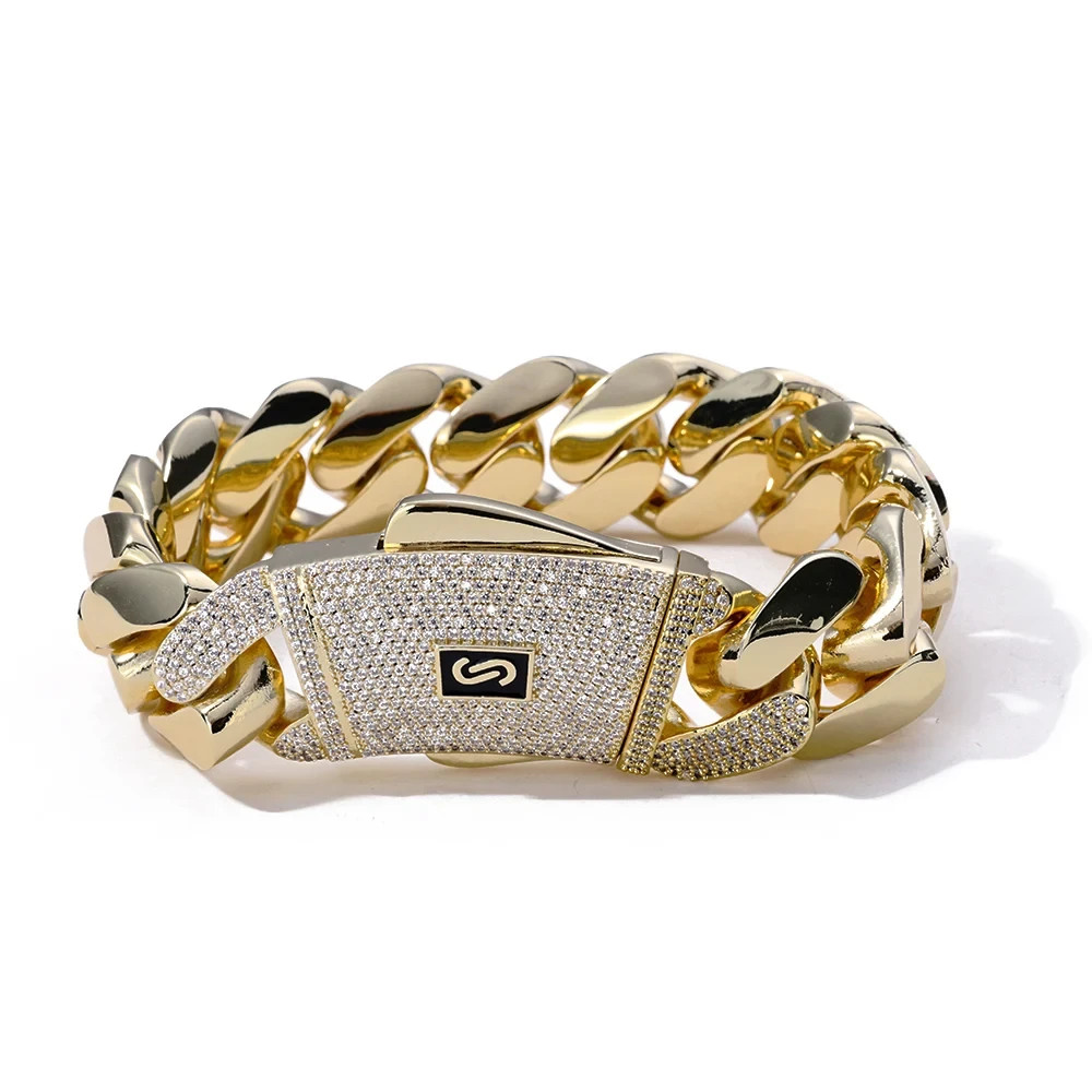 20mm Cuban Link Chain Necklace Bracelet Gold Plated Brass Iced Out CZ Hip Hop