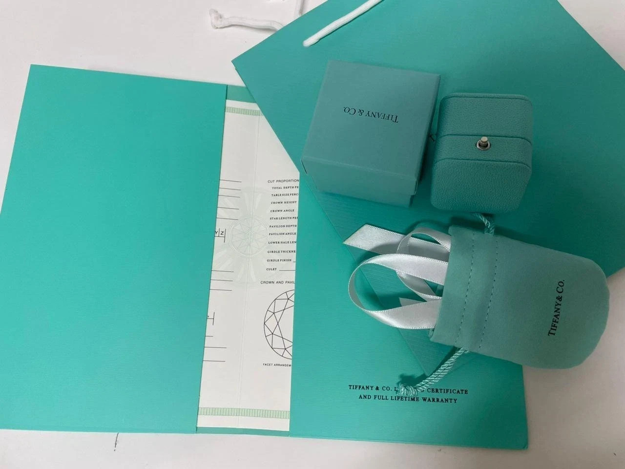 Tiffany & Co Engagement Ring Box + Outer Box + Pouch + Certificate + Folder +Bag