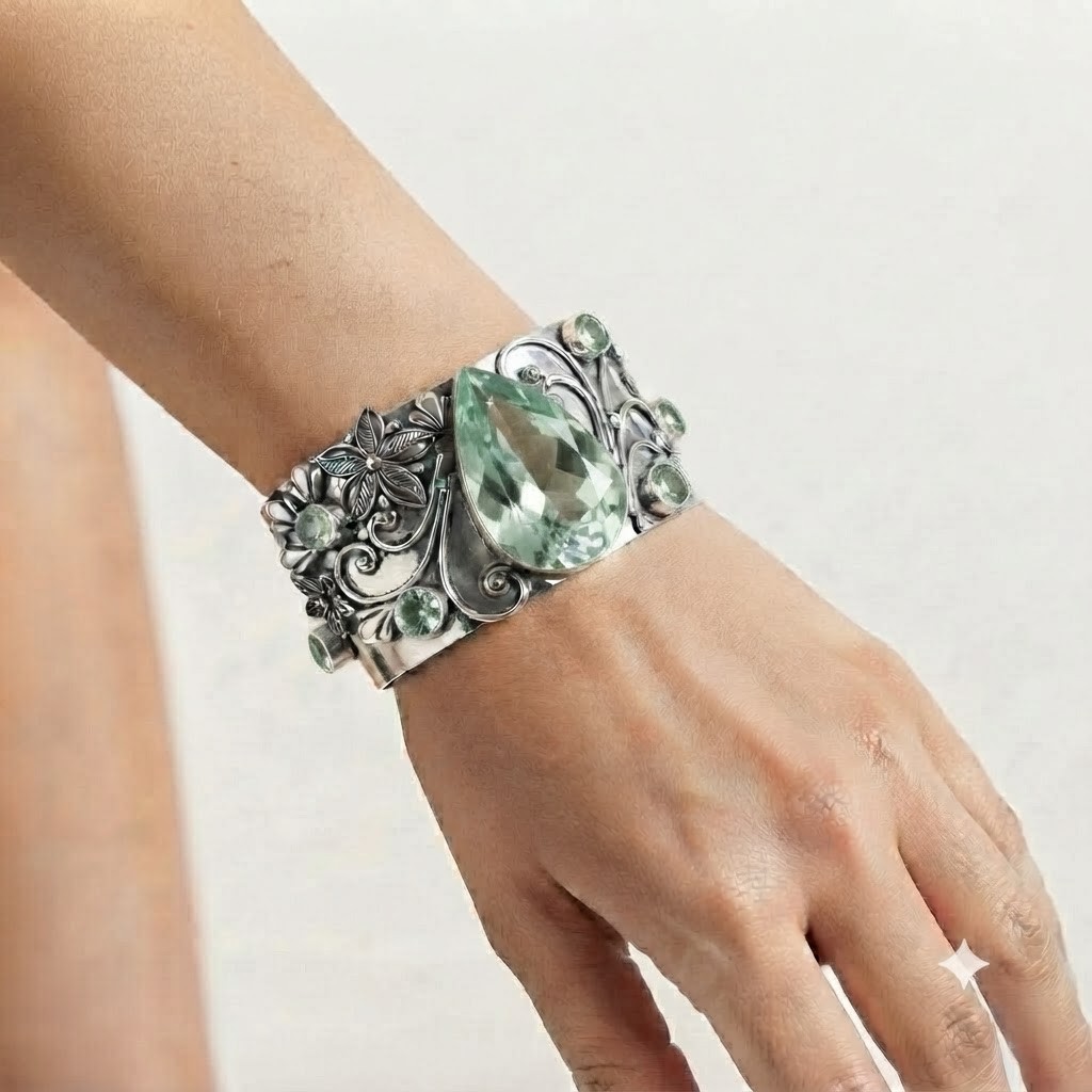Green Amethyst Handmade Cuff Bracelet 925 Sterling Silver Beautiful Jewelry ADJ