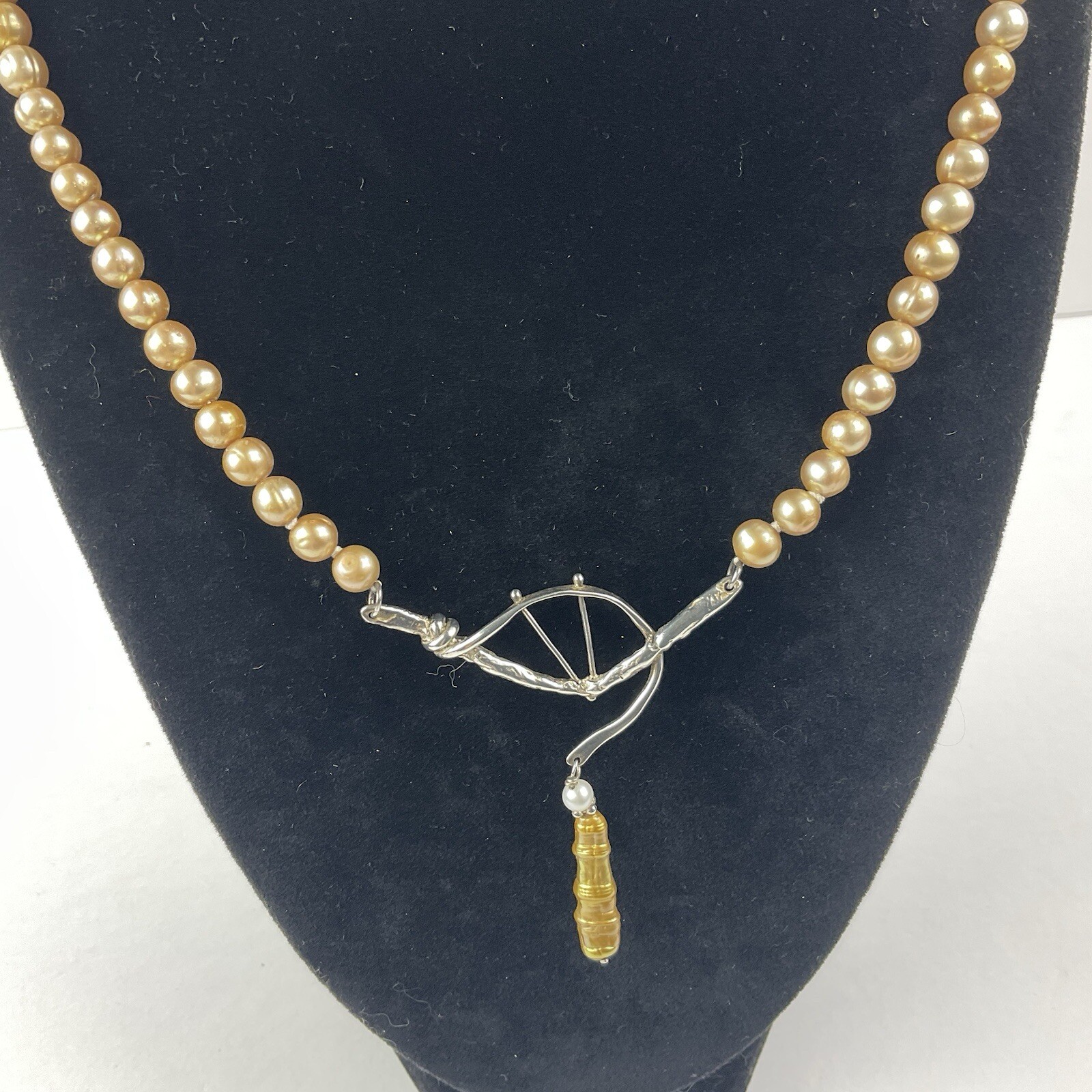 Artisan Sterling Silver Baroque Dangle Pendant Necklace Golden Pearl Near Round