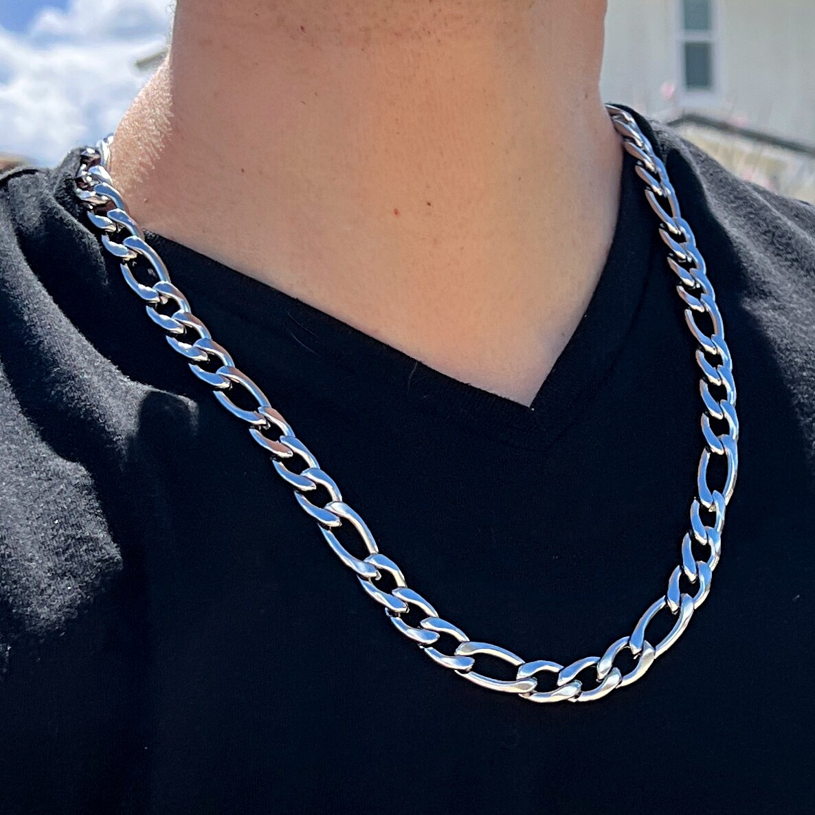 Men’s Solid 316L Stainless Steel Figaro Link Chain Necklace 24″ x 11MM Thick