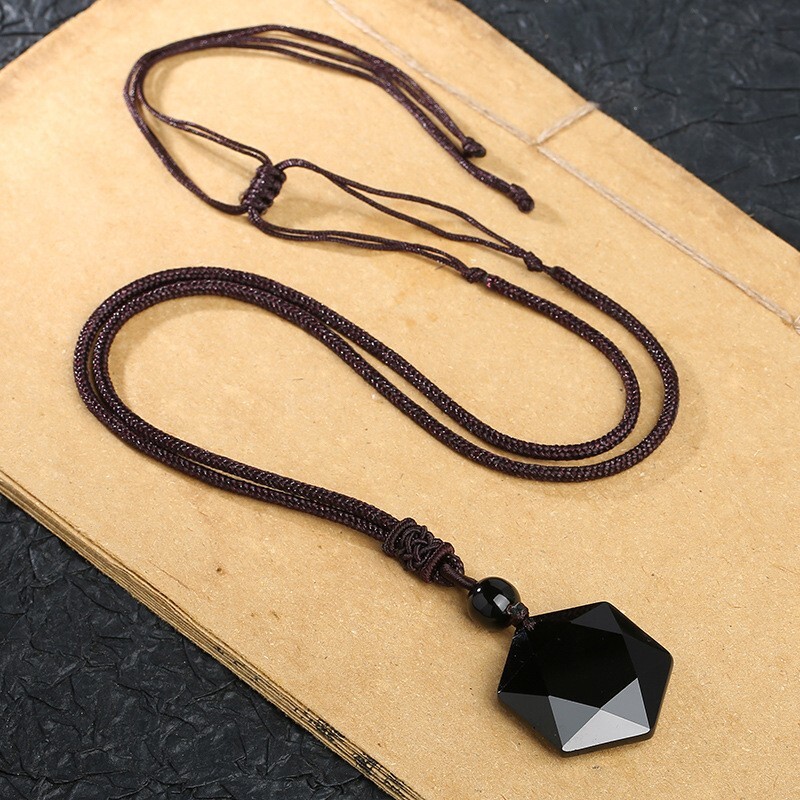 Black Obsidian Hexagonal Amulet Healing Protection Reiki Point Pendant Necklace