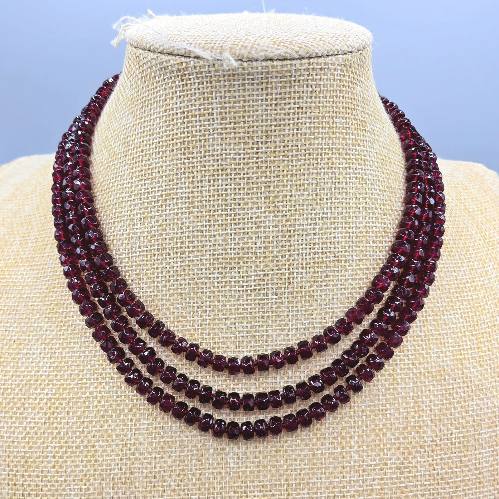 3 Strand Layered Hand Knotted Faceted Rondelle Garnet Glass Bead Necklace 17″