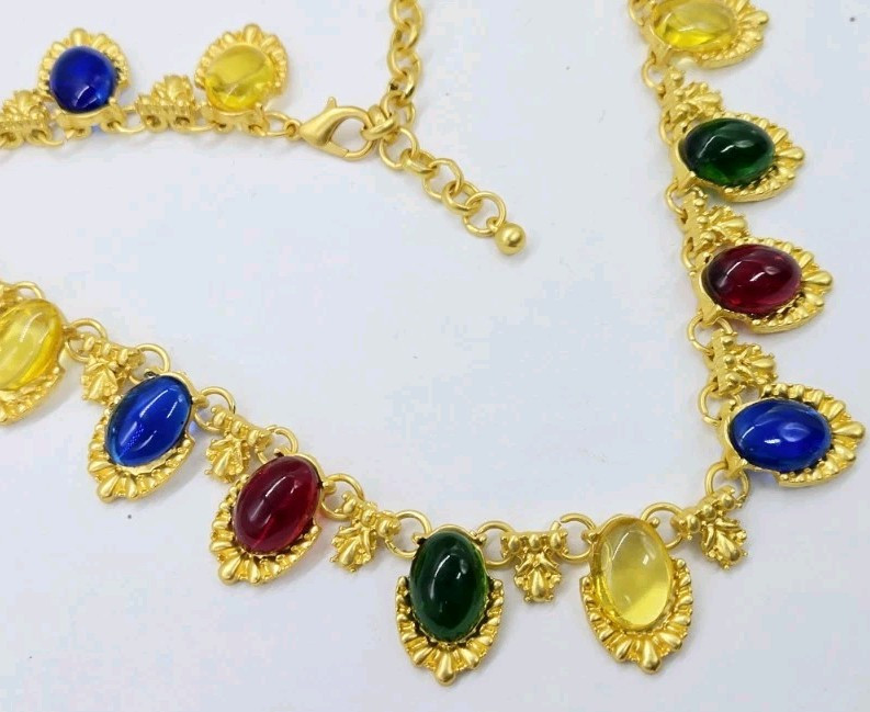 Gripoix Style Necklace Red Yellow Blue Green Matte Gold Tone Poured Resin 17 in