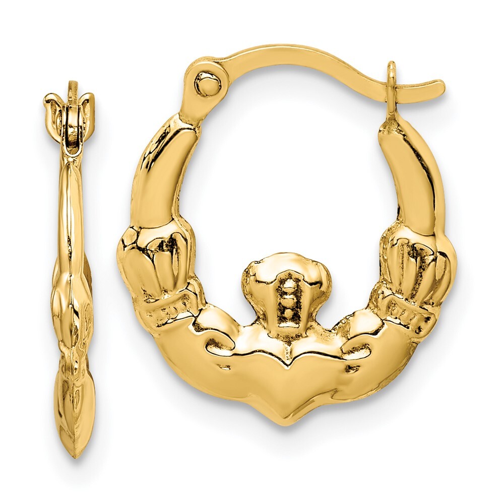Real 14kt Yellow Gold Claddagh Hoop Earrings