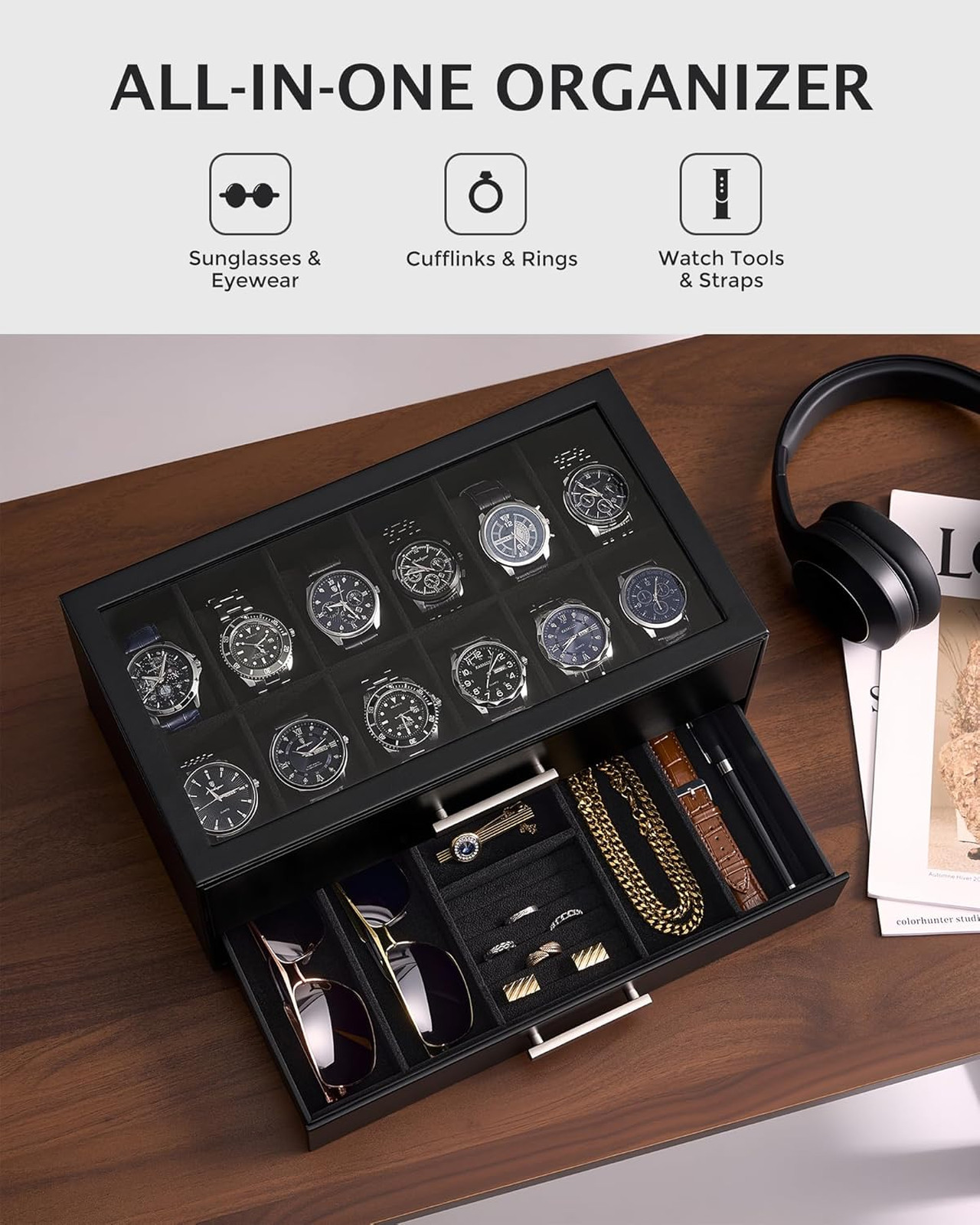 Watch Organizer Box with Pull-Out Drawers for Men Black Glass Top Jewelry