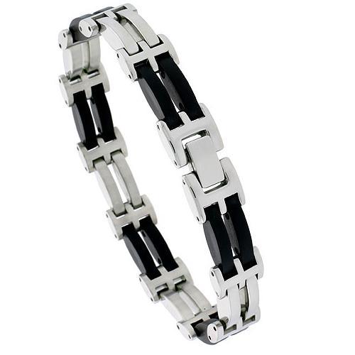 Stainless Steel Convex Bar Links Bracelet w/ Black Rubber Accent