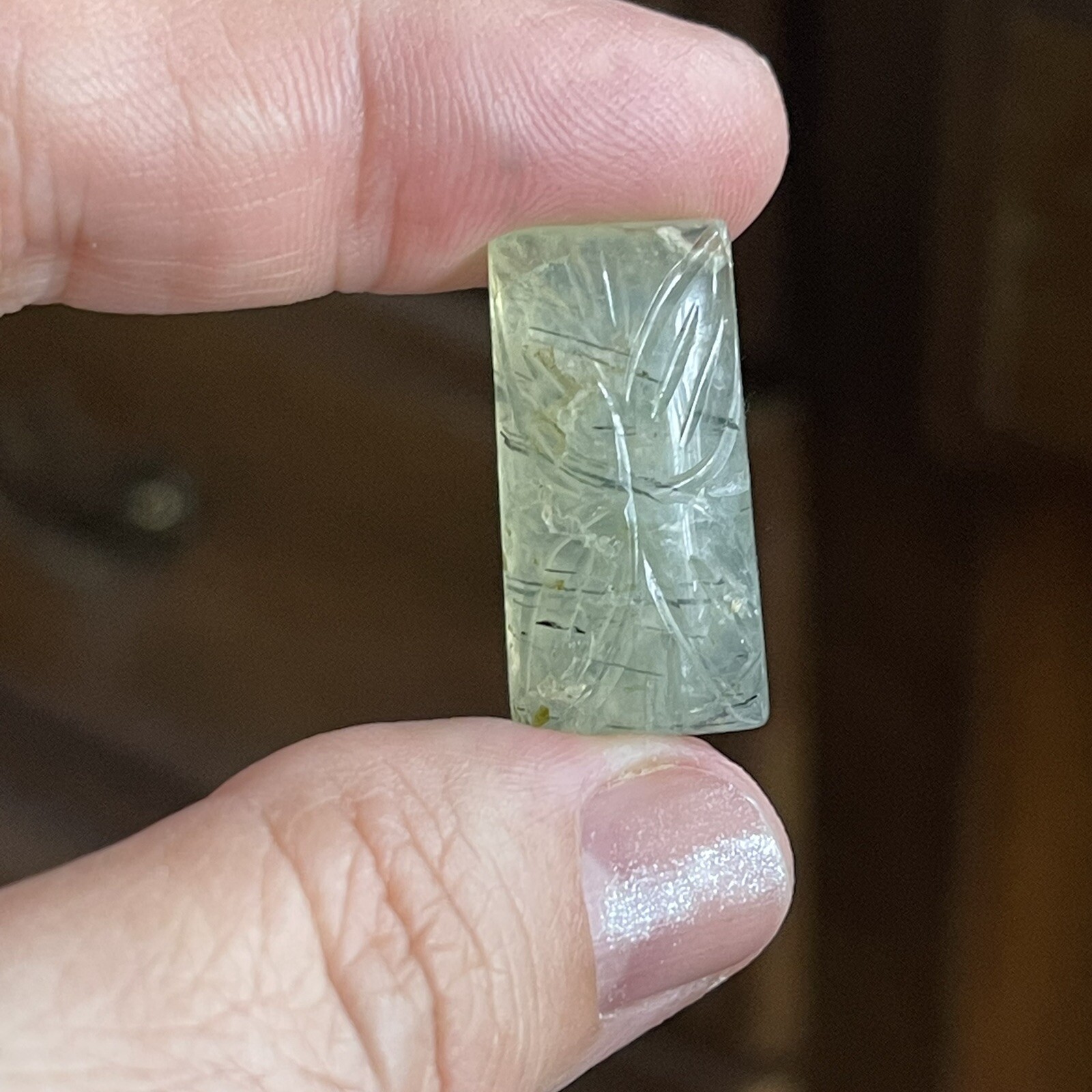 26.3×13.2×7.6mm Carved Rectangle Pale Green Prehnite Cabochon Loose Stone