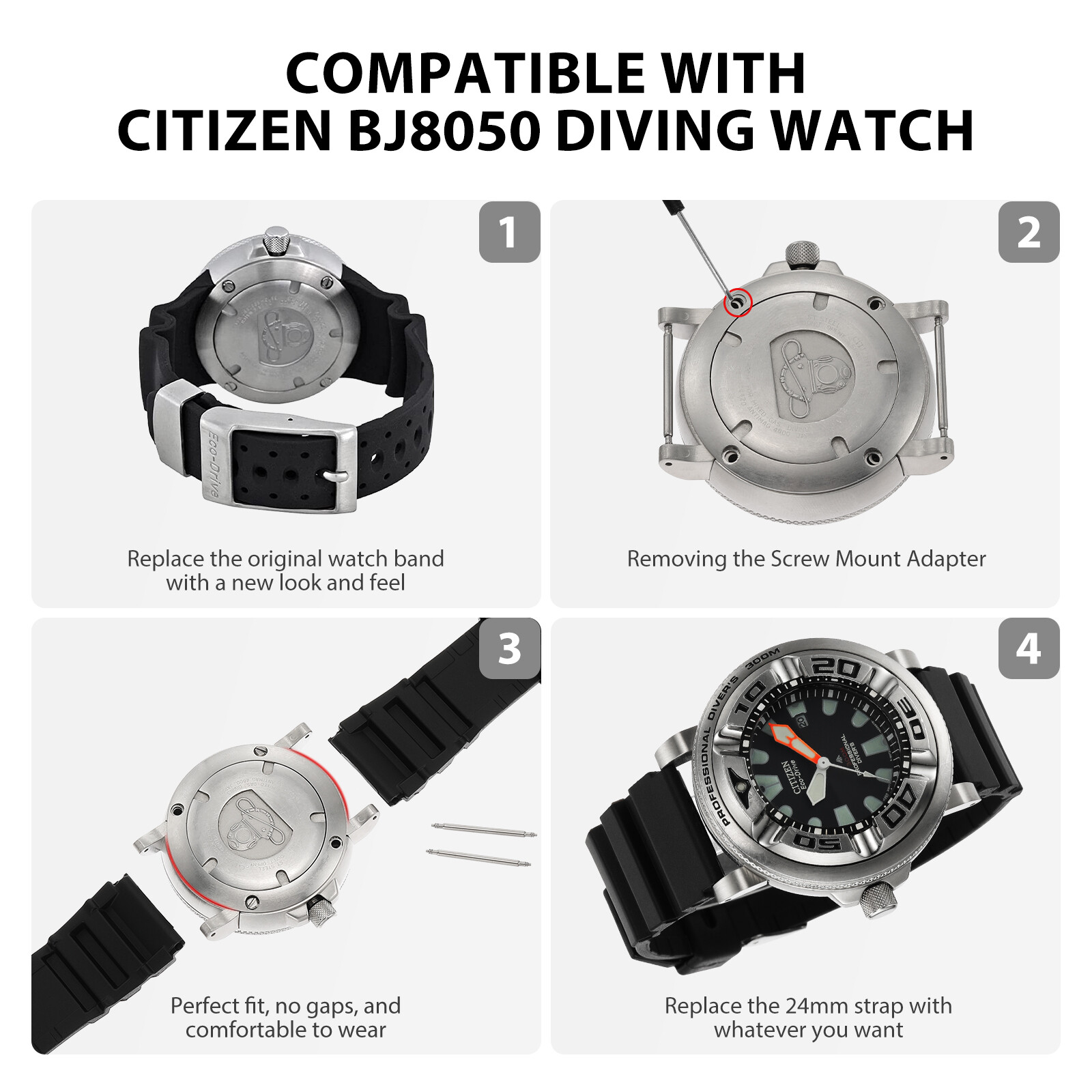 Silicone Watch Band Strap For Citizen Eco Drive Bj8050 w/Silver Metal Adapter