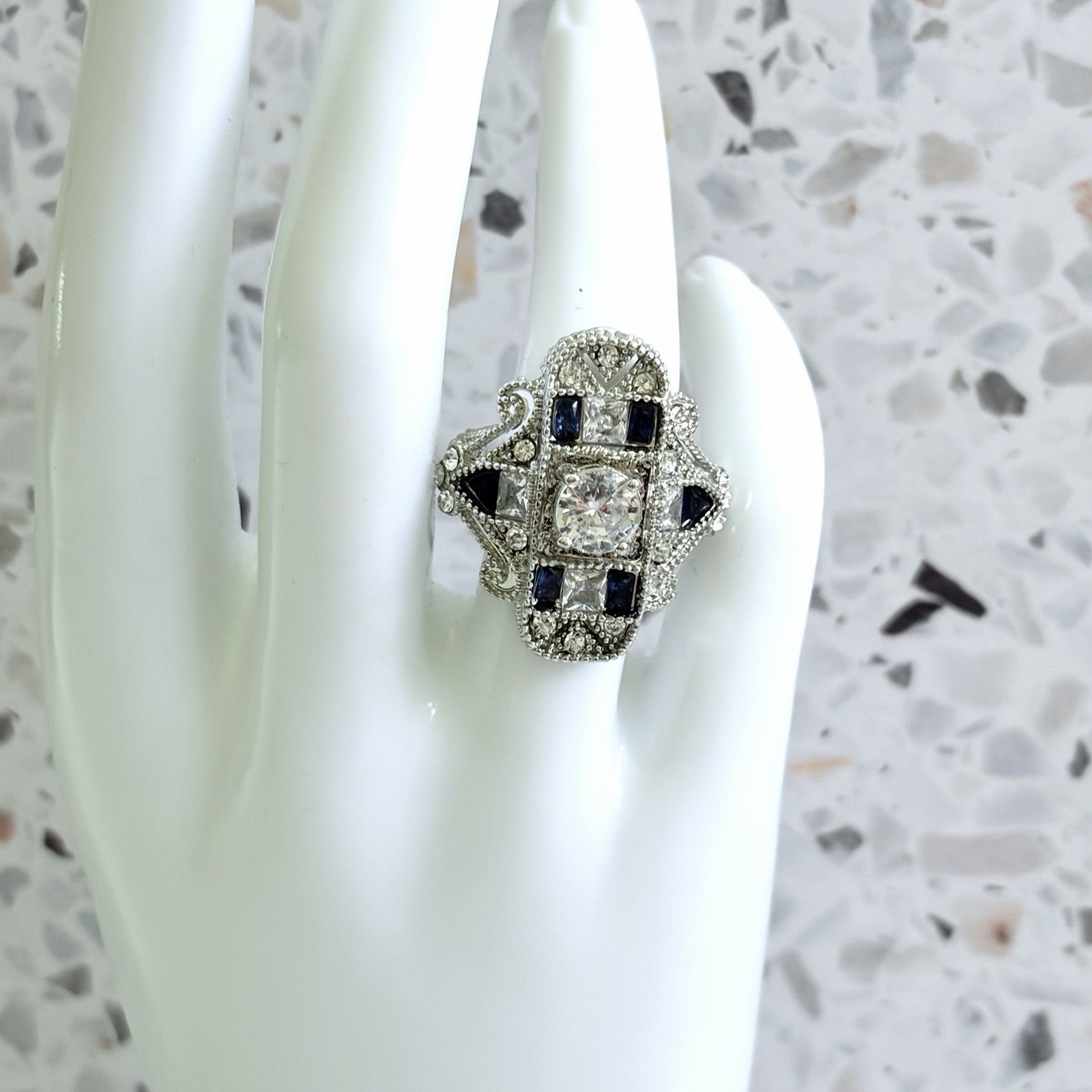 Art-Deco Filigree Cocktail Shield 14k Gold Simulated Sapphire Women’s Ring 6