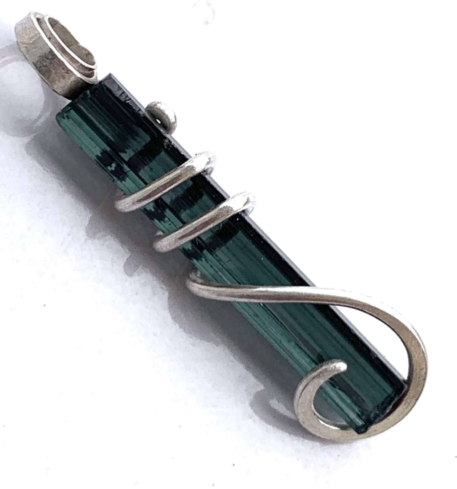Blue Tourmaline Crystal Pendant, Hand Forged Sterling Silver Wire Wrap 6.70