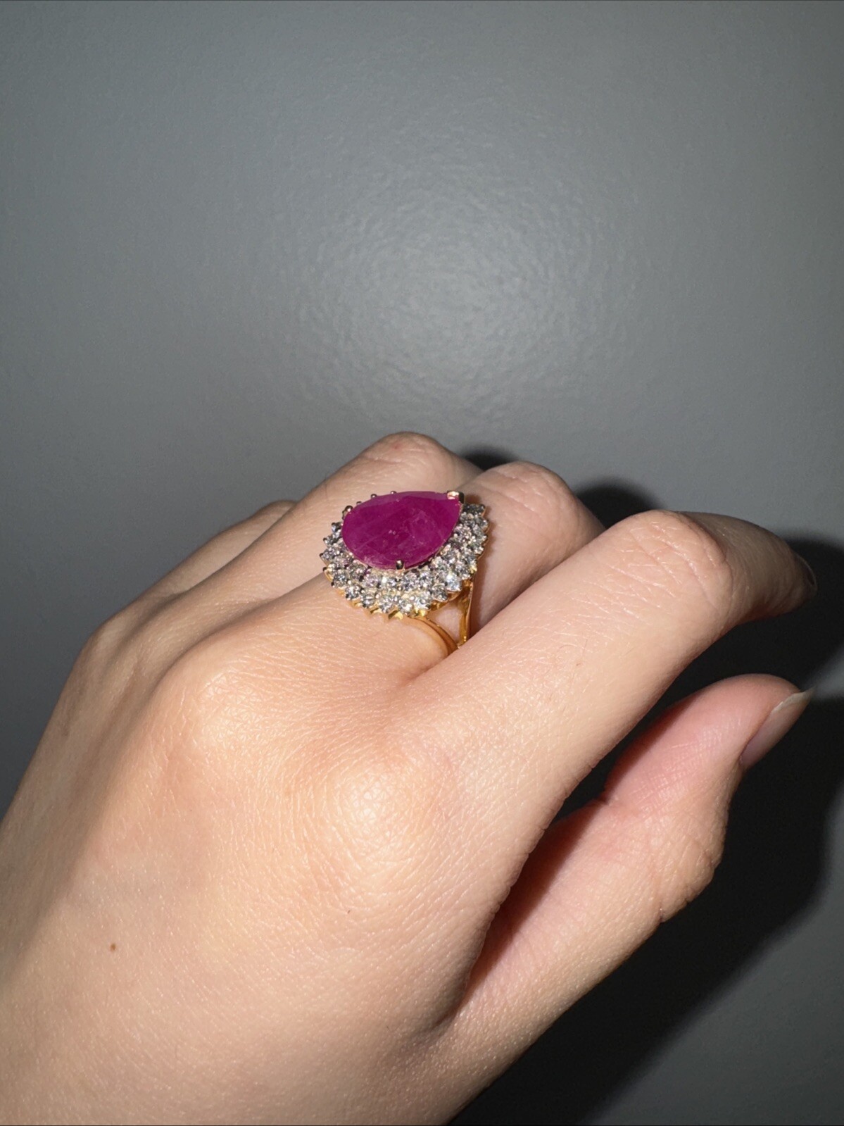 Natural Ruby Diamond 6.80 Carat 18K Yellow Gold Halo Cocktail Engagement Ring