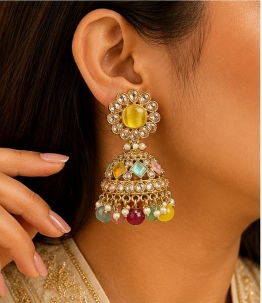Ethnic Multicolor Gold Tone Pearl Beaded Jumkka Earring Gift Of Beauty