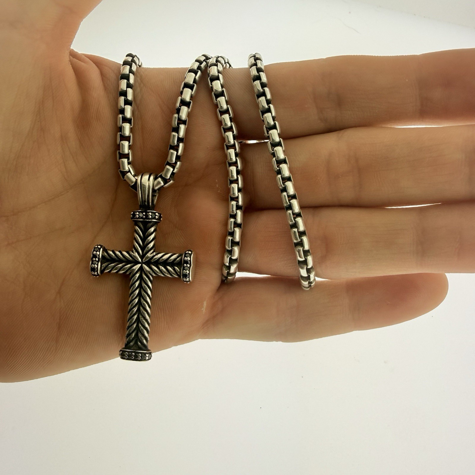 David Yurman Sterling Silver 925 Box Chain & Chevron Cross Pendant Black Diamond