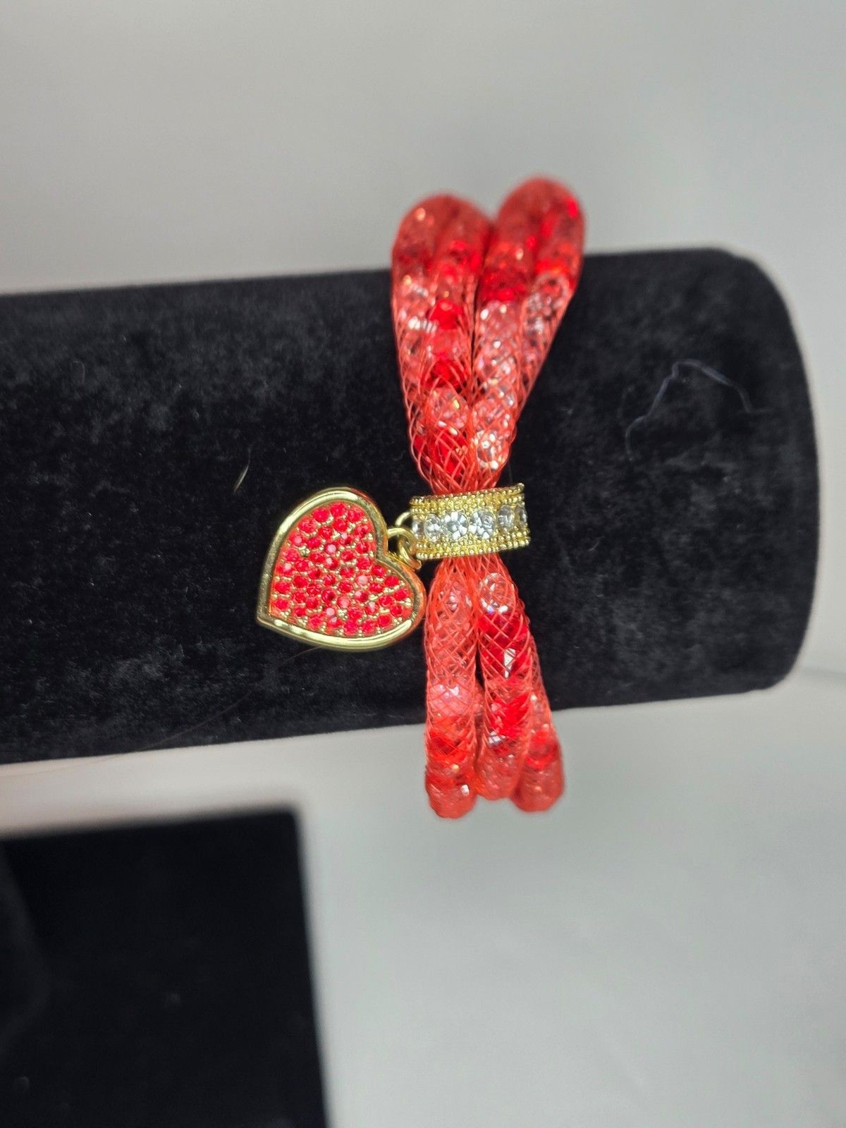 Red Mesh Bracelet with Red Rhinestone Heart Charm Gold Tone Clasp