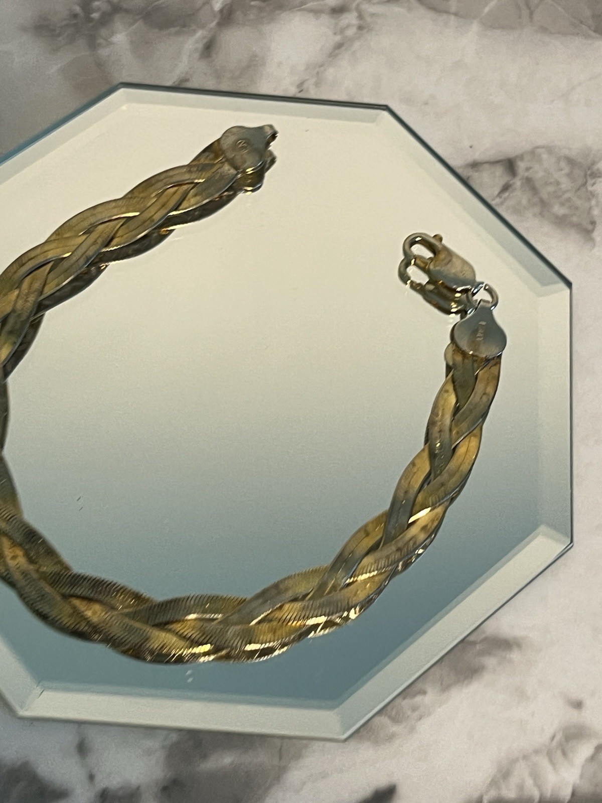 7 In Braided Double Sided Herringbone( 925) Gold Tone Bracelet 9g Made In Italy