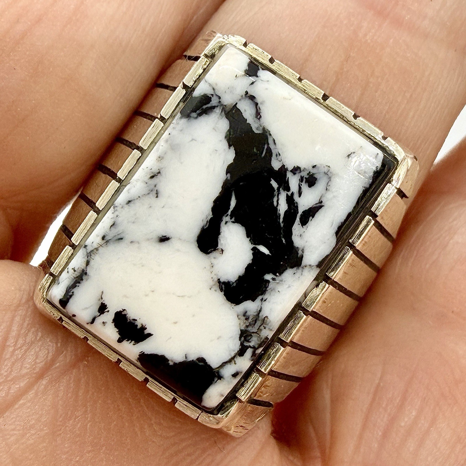 Navajo White Buffalo Turquoise Men’s Ring Size 9 Sterling by Trevor Jack 11.7g